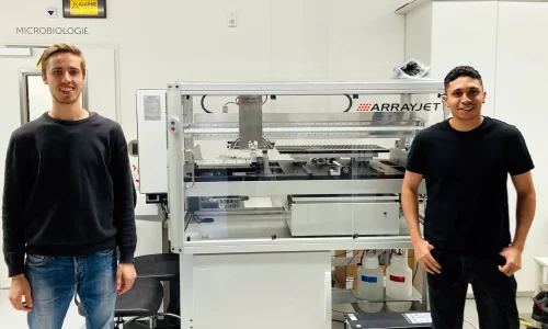 Pictured: Adaptyv’s microengineer Gabriel Bunke, and CSO & co-founder Amir Shahein, with their Arrayjet Marathon Argus.